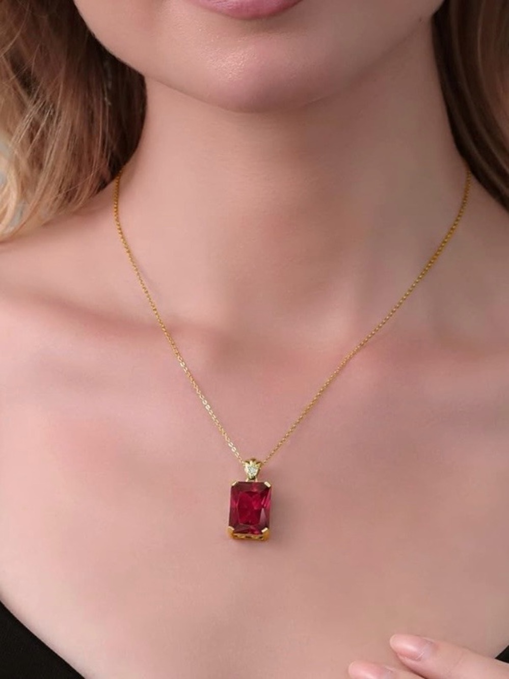 Emerald Cut Lab Created Ruby Birthstone on 18 inch 18k Gold Plated Silver Chain